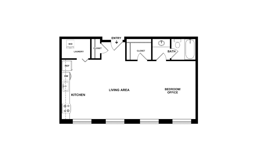 Weaver or Long Studio - 1 bedroom floorplan layout with 1 bathroom and 625 - 882 square feet (2D)